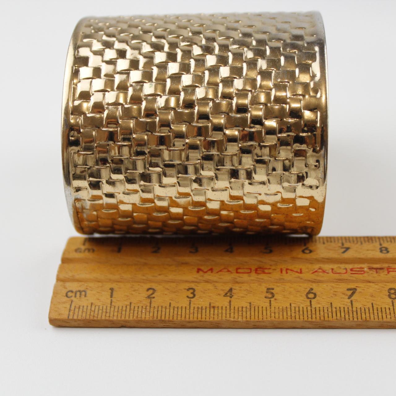 Gold Tone Cuff Bracelet - Textured Woven Pattern - Cut-Out D