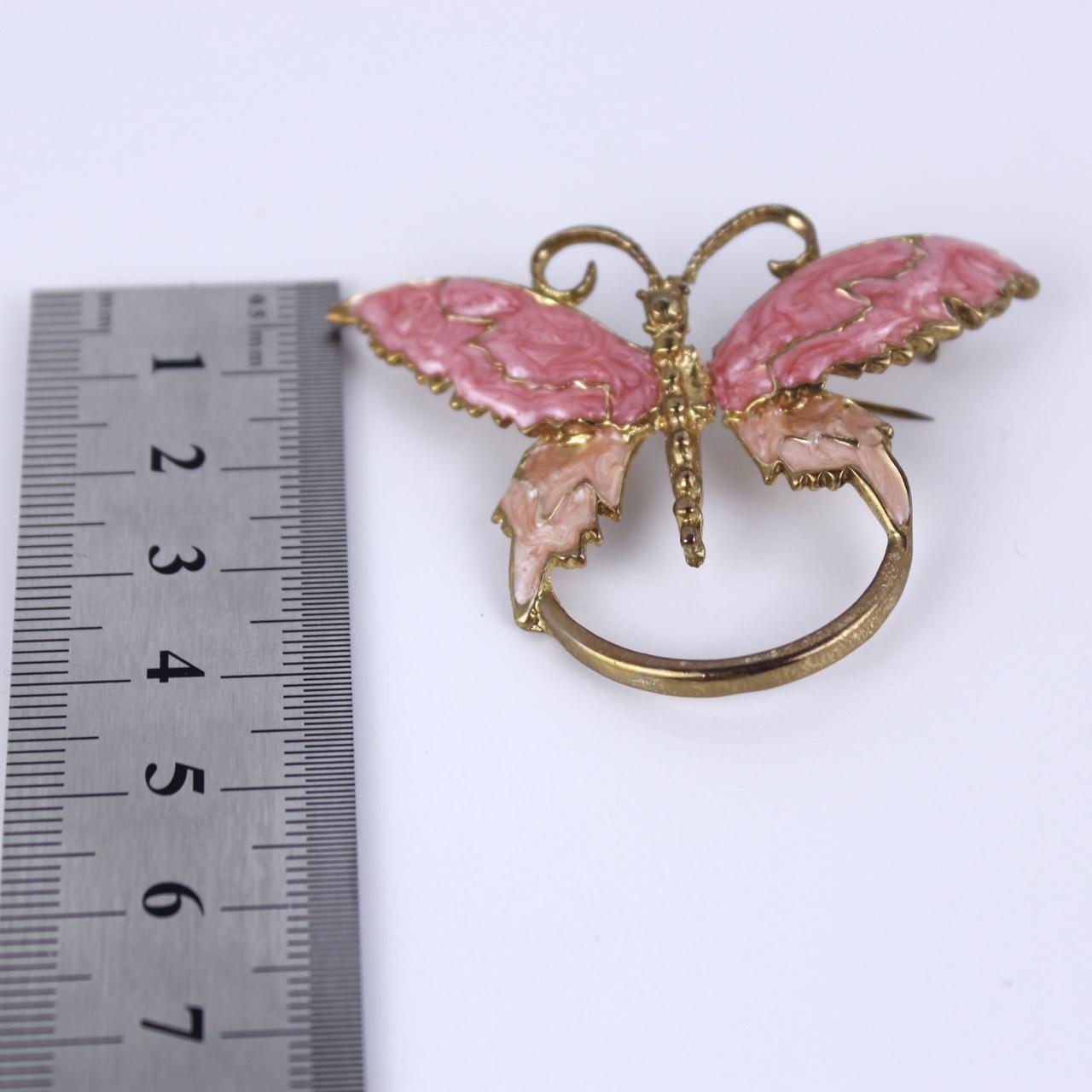 Butterfly Brooch Gold tone Pink Enamel Scarf Ring Animal Wing Jewellery Pin Uniq