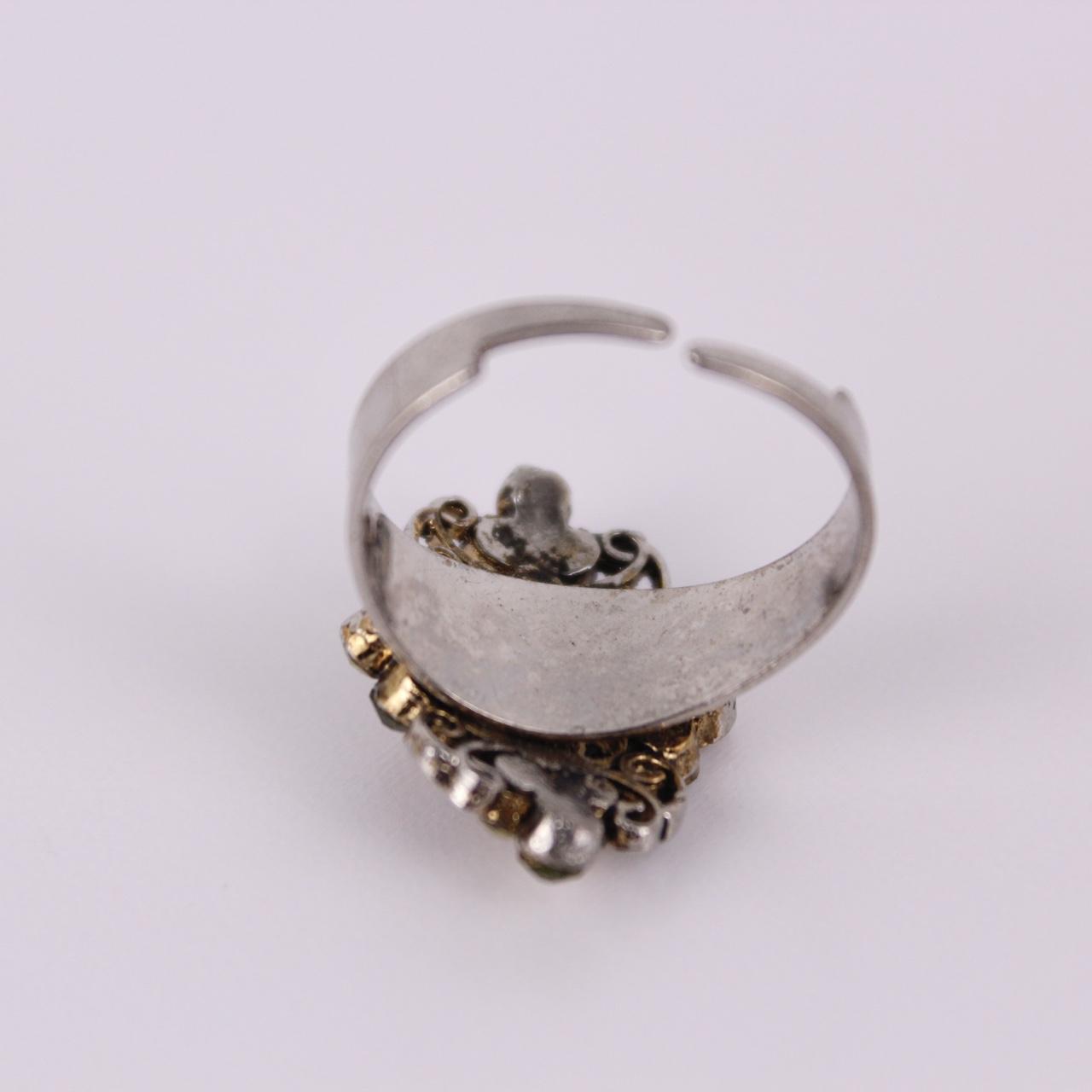 Silver Tone Filigree Cocktail Ring Amber Green Stones Adjustable Statement Jewel