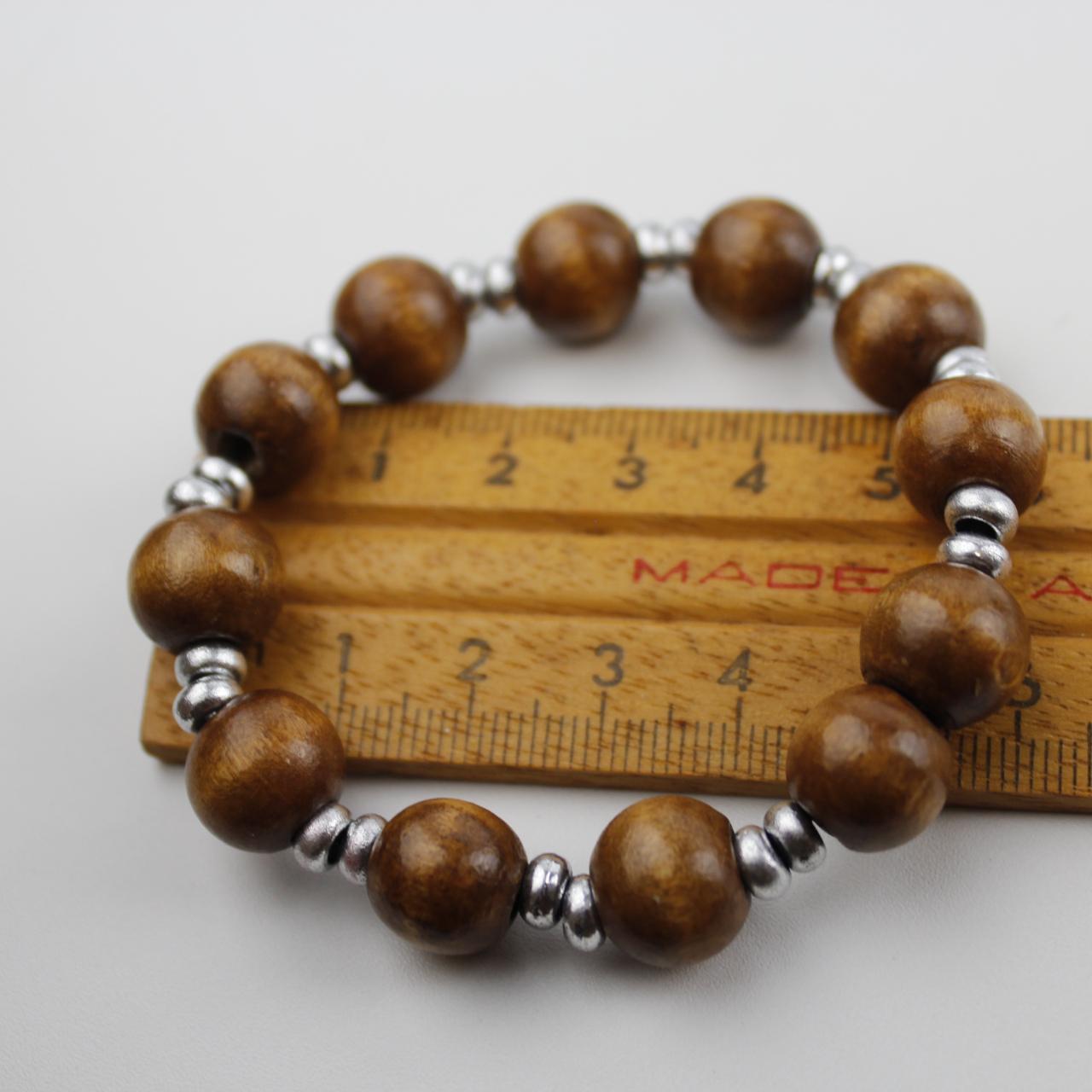 Stretch Wooden Bead Bracelet Brown Silver Spacer Jewelry Fas