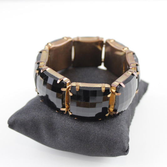 Black Faceted Stone Stretch Bracelet Gold Tone Accents Good