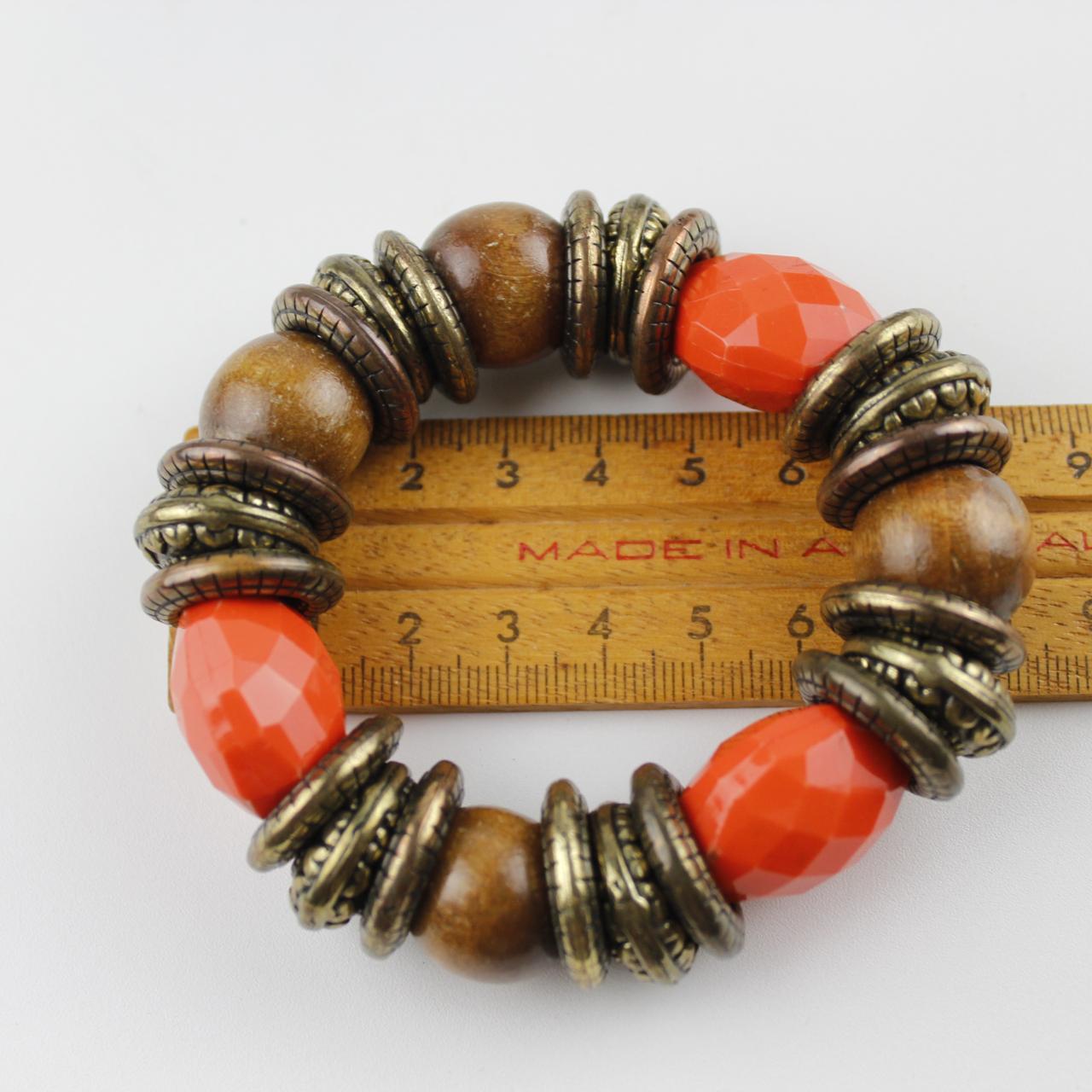Boho Wood & Orange Bead Stretch Bracelet Chunky Statement Co