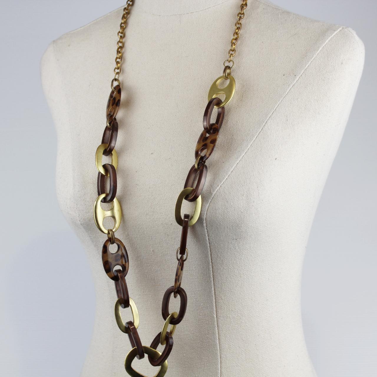 Long Statement Necklace Tortoiseshell Gold Links Modern Fash