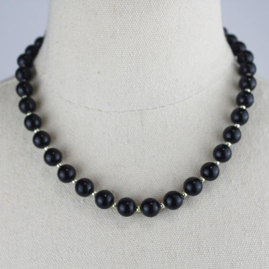 Black Bead Necklace Glass Single Strand Silver Tone Spacers