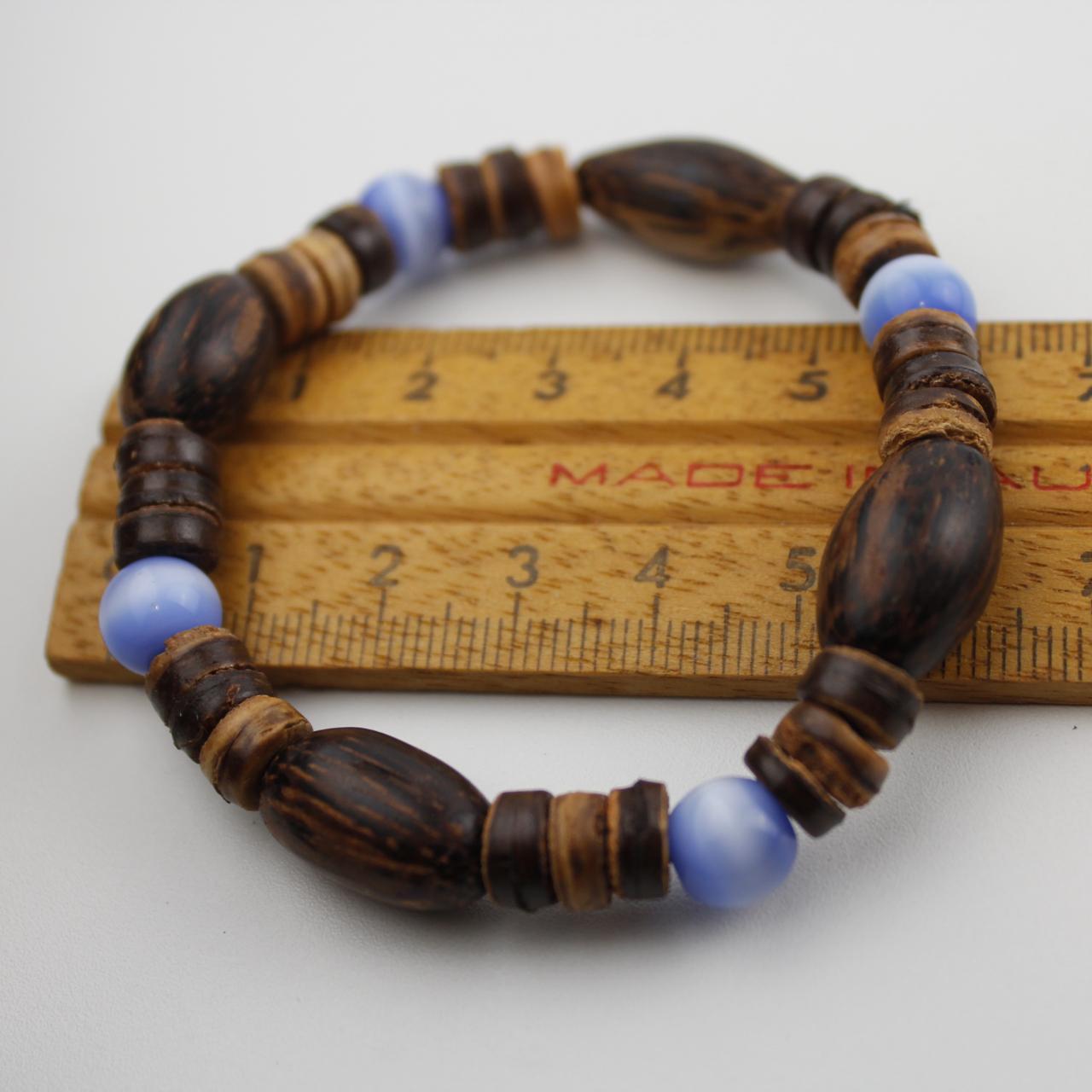 Wooden Bead Bracelet Brown Blue Glass Beads Bohemian Stretch