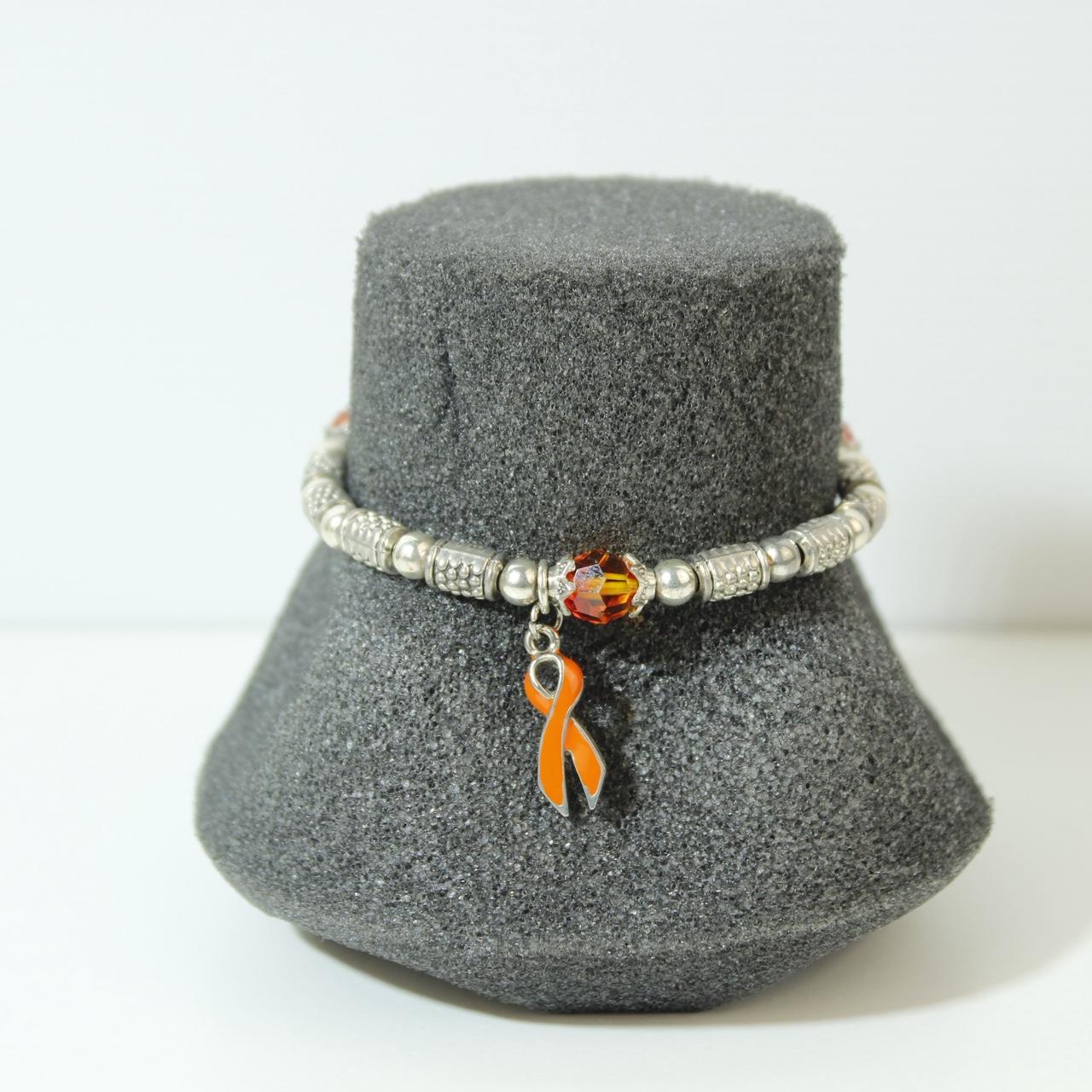 Orange Awareness Ribbon Bracelet Silver Tone Beaded Stretch