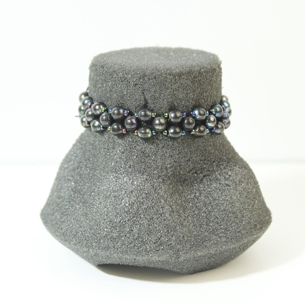 Beaded Bracelet Triple Row Stretch Cuff Gunmetal Tone Metallic Beads Multi Layer