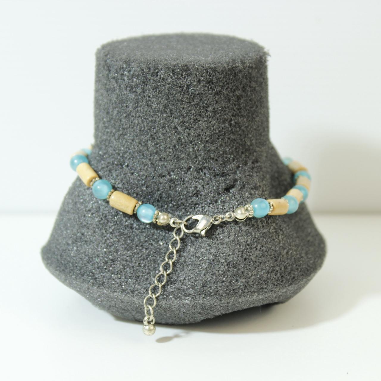 Silver Tone Blue Beaded Charm Bracelet Wood Tube Spacer Beads Flower Pendant