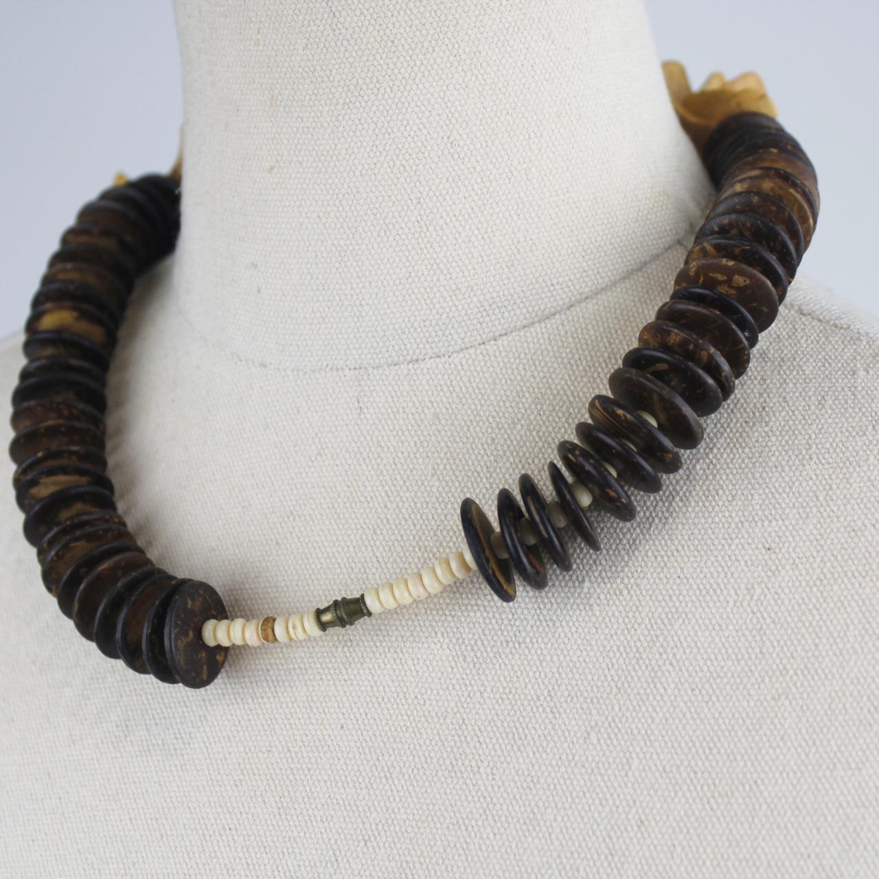 Statement Necklace Dark Brown Beads Tan Organic Pieces Triba