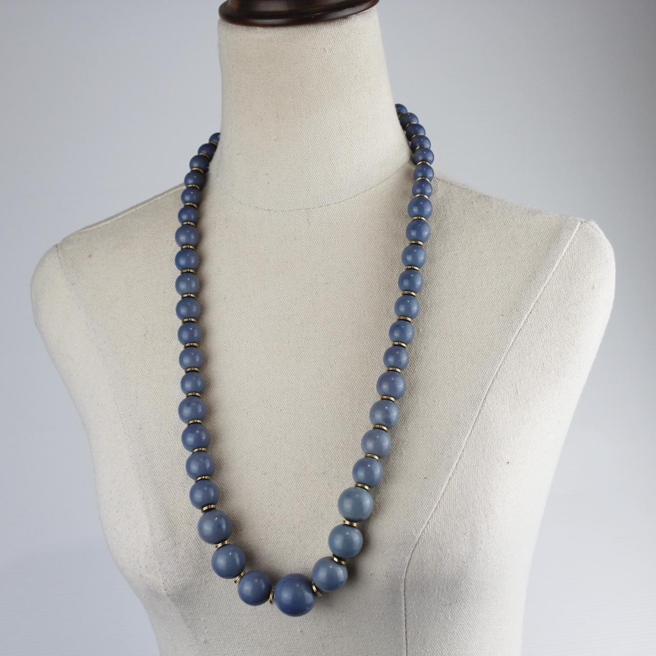 Long Blue Beaded Necklace Matte Blue Beads Gold Spacers Mini