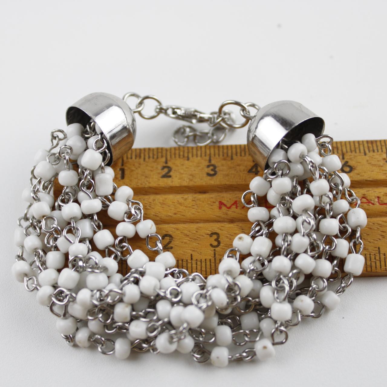 Multi-Strand White Seed Bead Bracelet Silver Tone Dangle Fas
