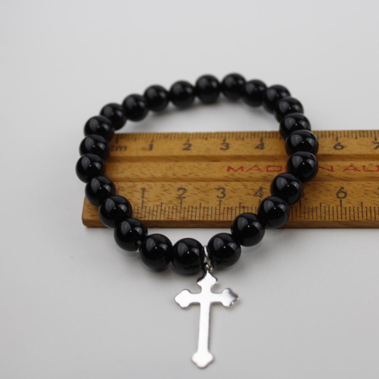Black Onyx Bead Bracelet Cross Charm Stretch Jewelry Spiritu