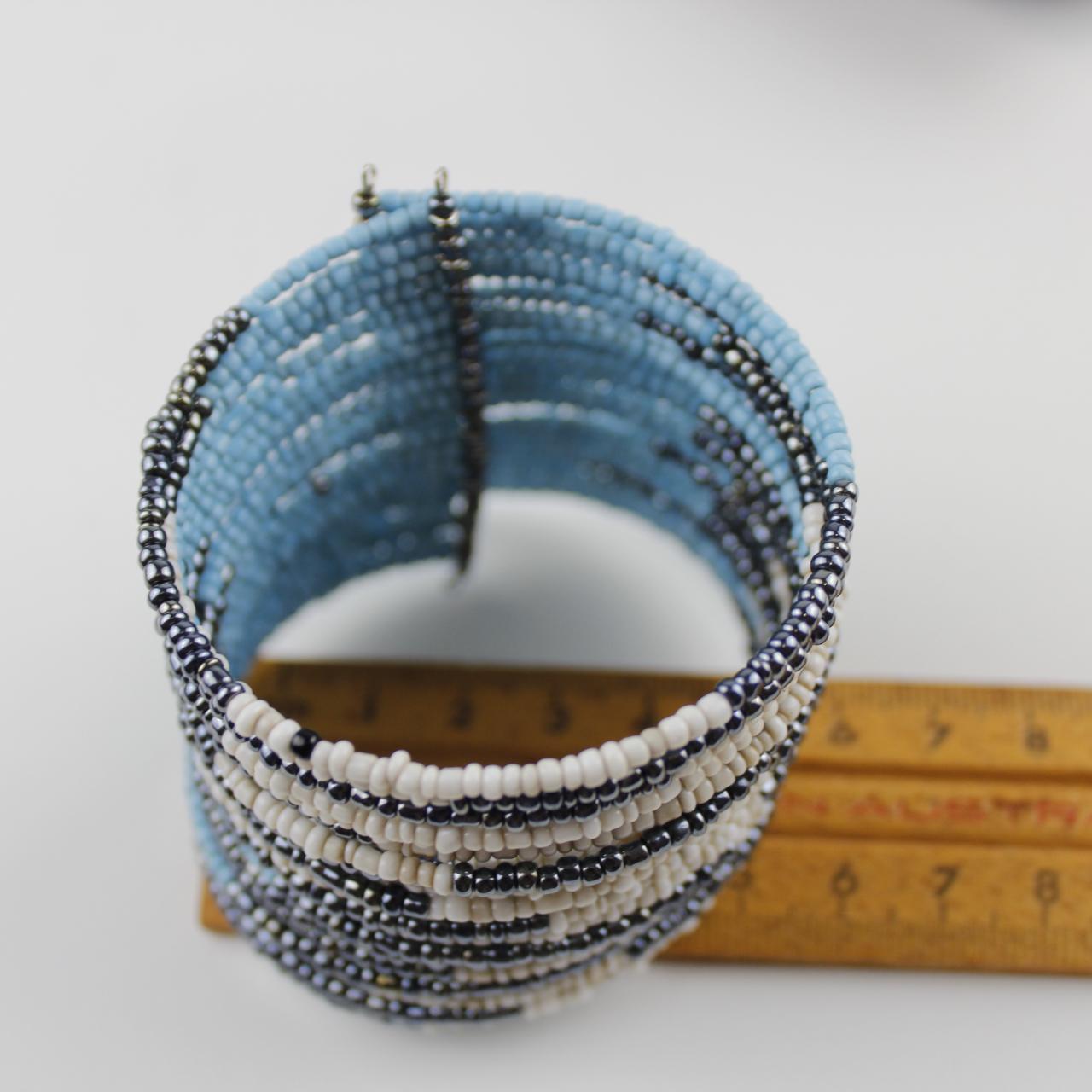 Wide Beaded Cuff Bracelet Blue White Silver Coil Memory Wire