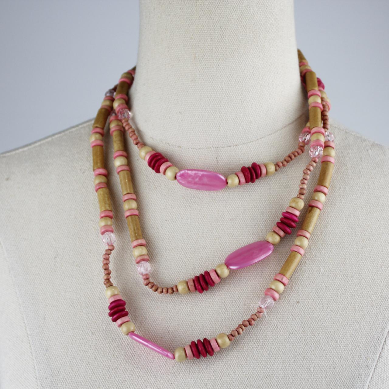 Bohemian Multi Strand Beaded Necklace Gold Pink Maroon Wood