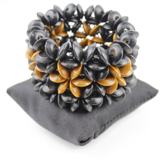 Black Mustard Yellow Bead Bracelet Stretch Textured Jewelry