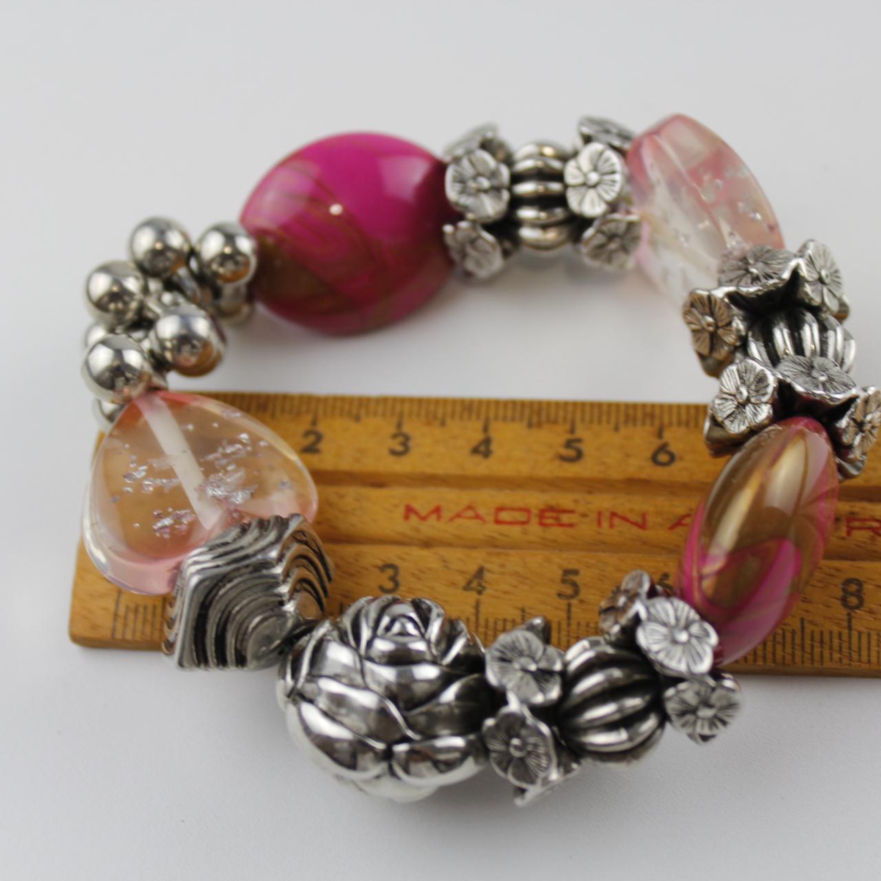 Eclectic Bead Stretch Bracelet - Pink & Clear Stones - Silve