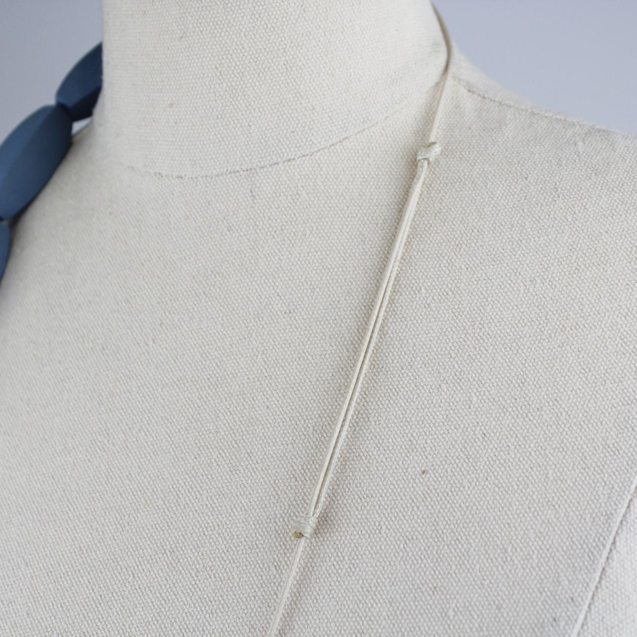 Long Beaded Necklace Blue Taupe Large Cylindrical Beads Wood