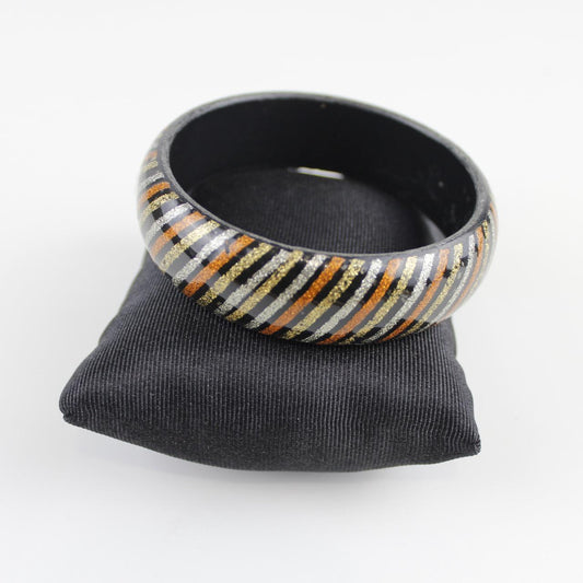 Black Chunky Bangle Bracelet with Glitter Stripes - Colorful