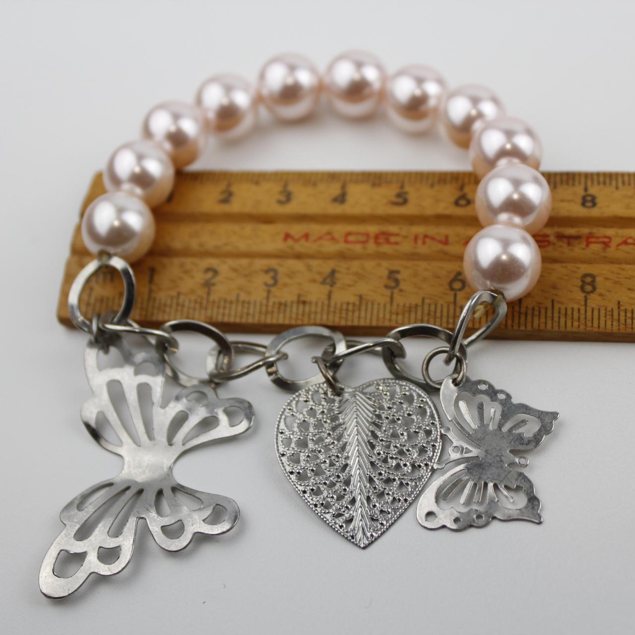 Pink Pearl Bracelet Silver Chain Butterfly Heart Charm Jewel