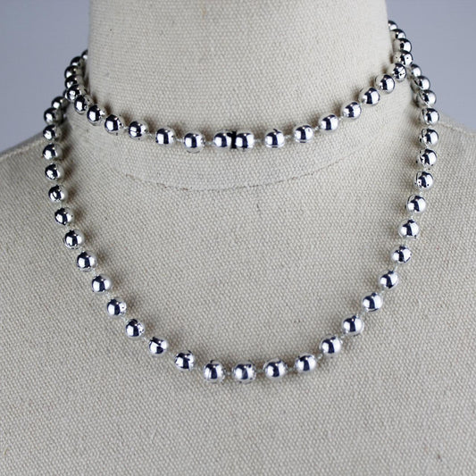 Beaded Necklace Silver Tone Small Round Beads Glossy Modern
