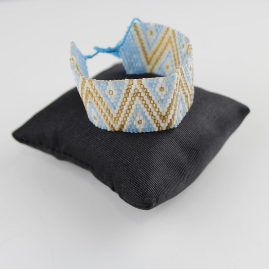 Beaded Bracelet - Geometric Zigzag Pattern - Blue, White & G