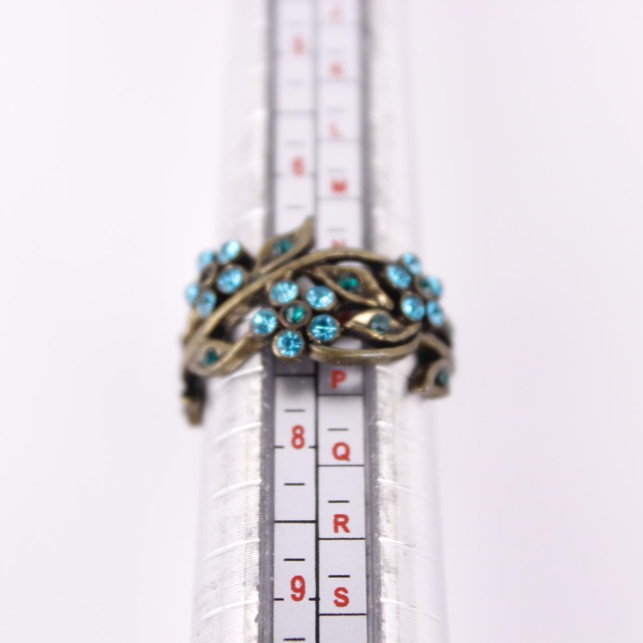 Vintage Gold tone Flower Ring Blue Crystal Rhinestone Floral Garden Statement Ba
