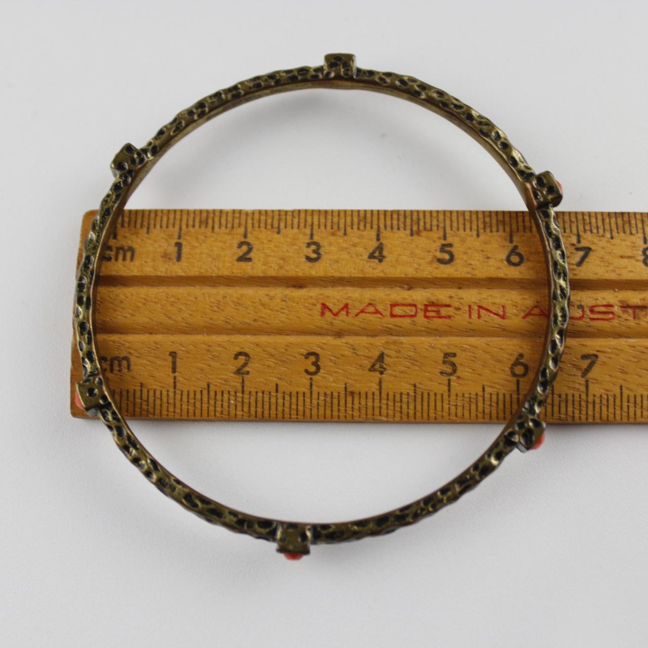 Vintage Bronze Tone Bangle Bracelet Red Square Stone Texture