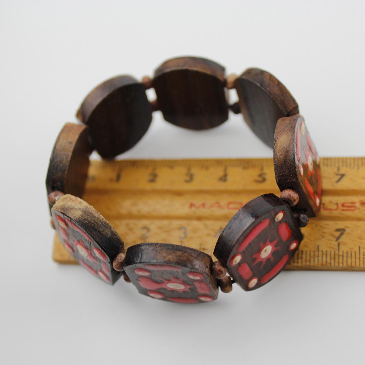 Handmade Wooden Bracelet Red White Inlay Design Ethnic Jewel