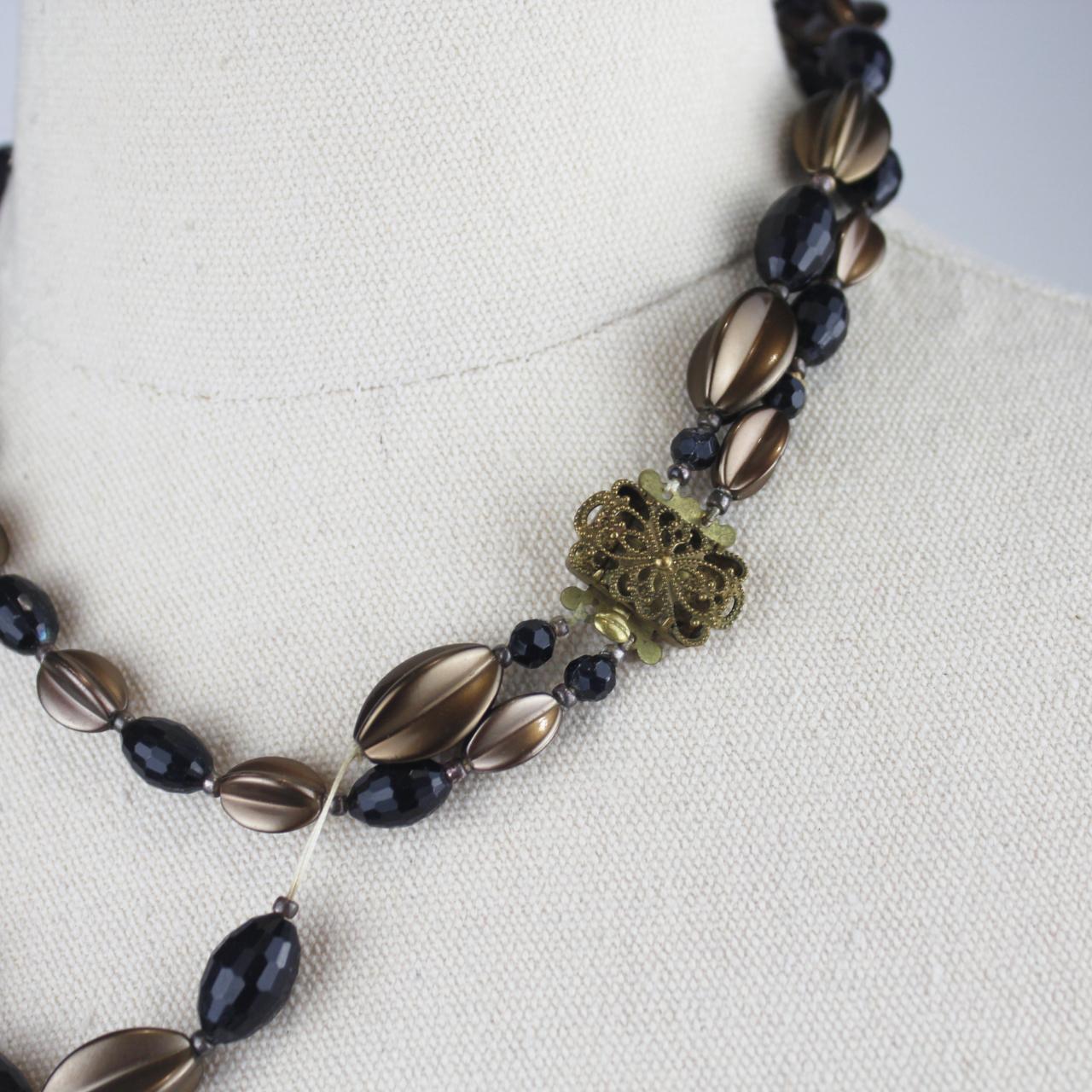 Multi Strand Beaded Necklace Black Bronze Oval Beads Fashion