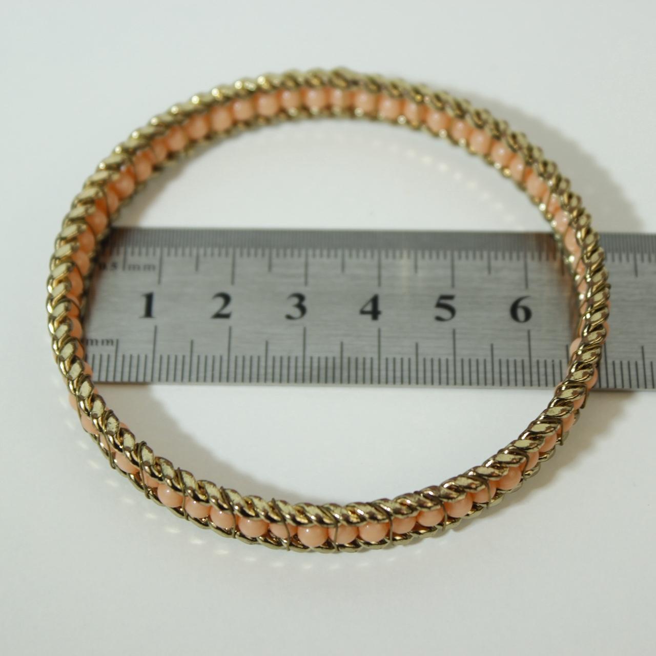 Gold Tone Triple Row Bangle Bracelet Beaded Center Rope Edge Detail