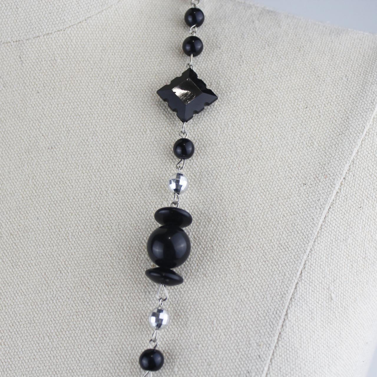 Multi Strand Statement Necklace Black Beads Silver Tone Spac