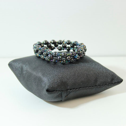 Beaded Bracelet Triple Row Stretch Cuff Gunmetal Tone Metallic Beads Multi Layer