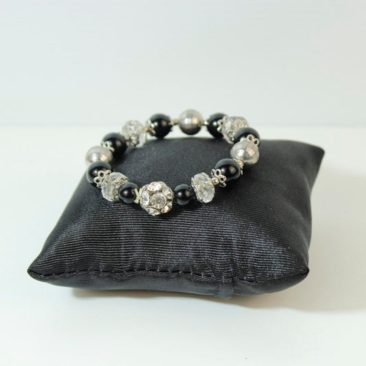 Black Beaded Stretch Bracelet Silver tone Floral Rhinestone Statement Boho