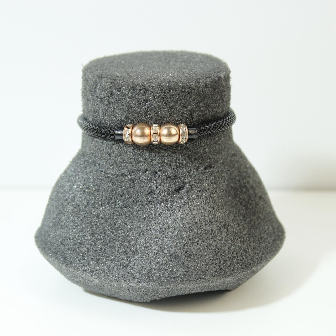 Mesh Black Cord Bracelet Gold Tone Beads Clear Crystal Spacers Rhinestone