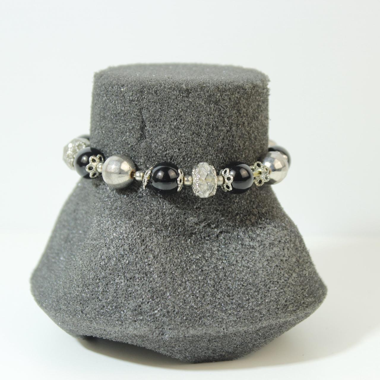 Black Beaded Stretch Bracelet Silver tone Floral Rhinestone Statement Boho