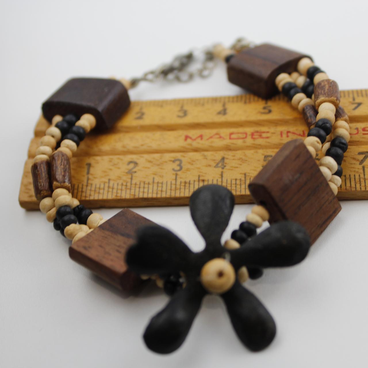 Multi Strand Beaded Bracelet Black White Beige Wooden Beads