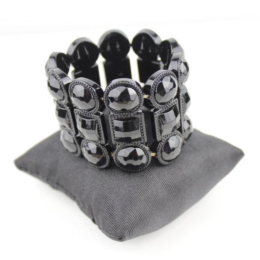 Black Faceted Bead Bracelet Statement Jewelry Bold Multi Row