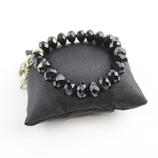 Black Obsidian Faceted Bead Charm Bracelet Silver Bow & Hear