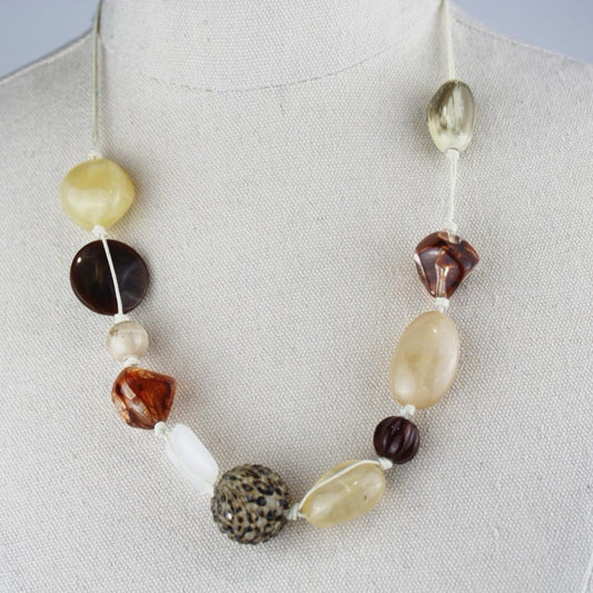 Bohemian Beaded Necklace Amber Brown Cream Speckled Glass Resin Stone Single