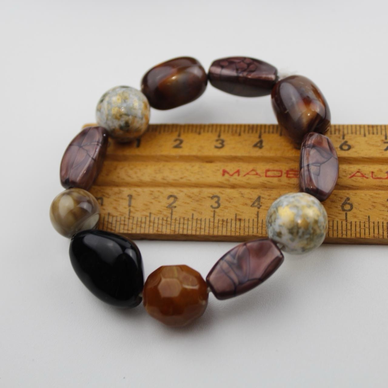 Polished Stone Bead Bracelet Earthy Tones Brown Amber Black Cream Organic