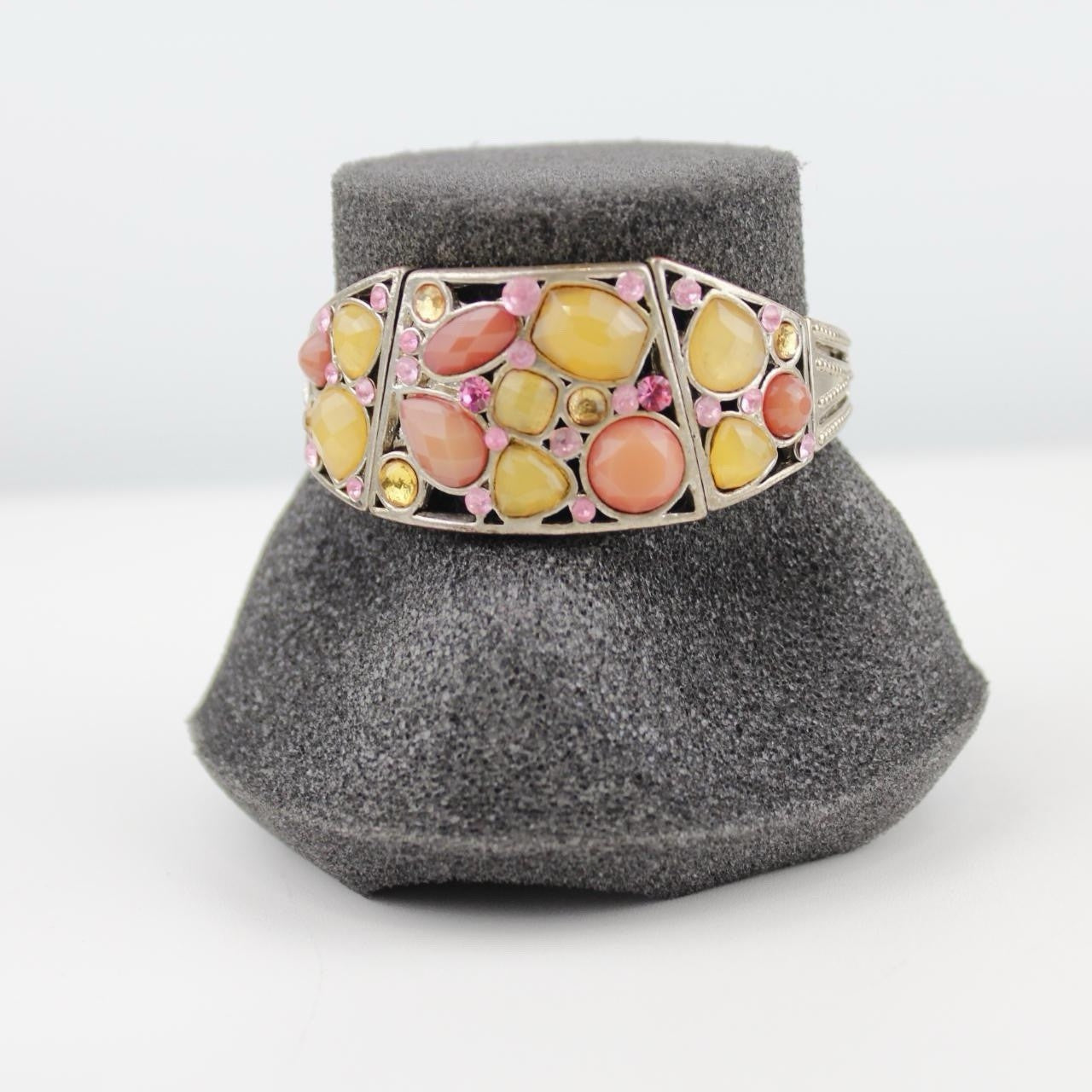 Colorful Stone Cuff Bracelet Silver Tone Mosaic Design Pink Amber Crystals