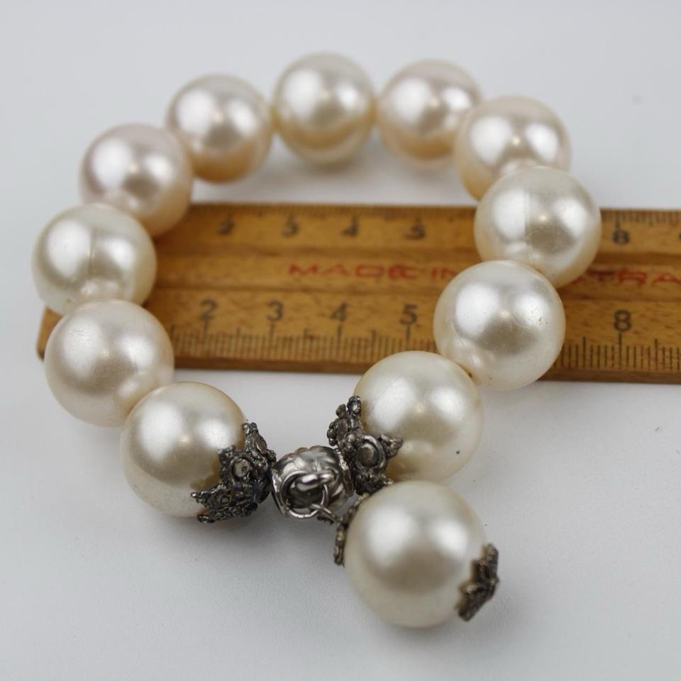 Classic White Pearl Bracelet Stretch Dangle Charm Silver Accent Elegant Jewelry