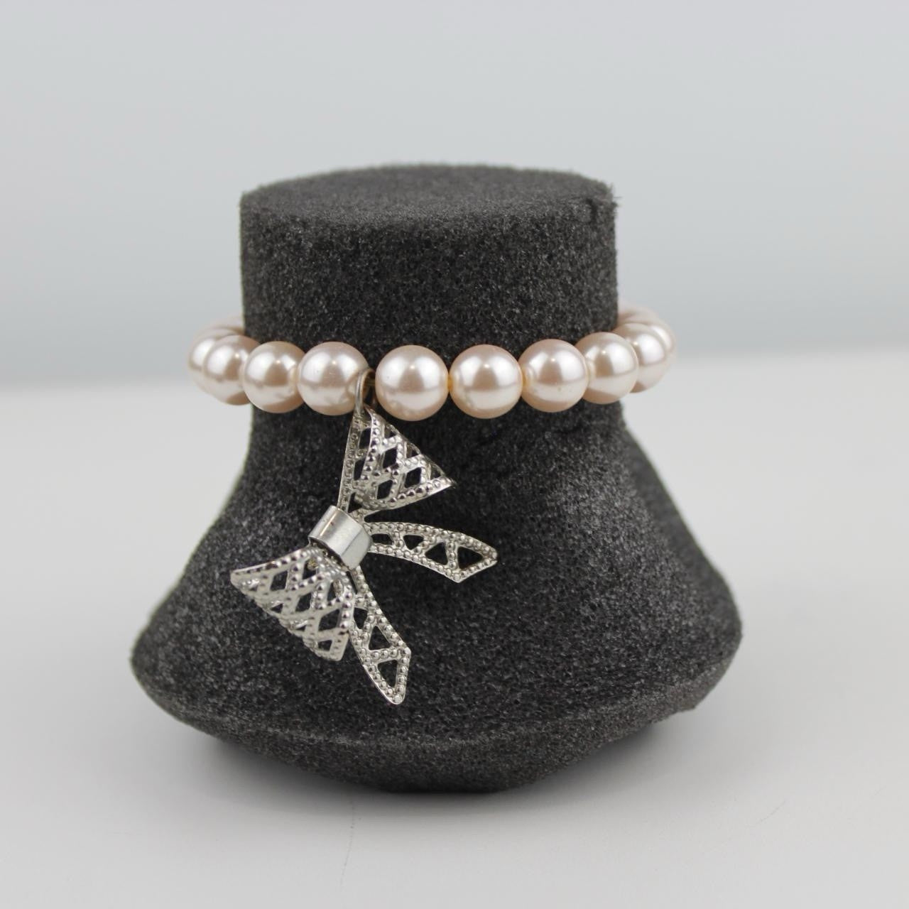 Vintage Pearl Bracelet Pink Beads Bow Charm Jewelry Fashion Accessory Women