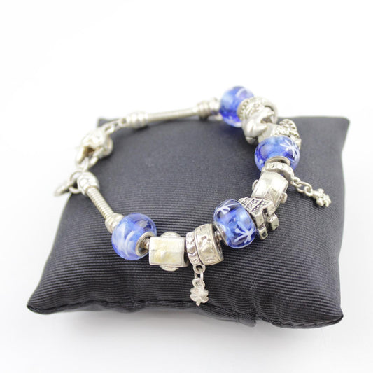 Silver Tone Charm Bracelet Blue Glass Beads Snowflake Clover