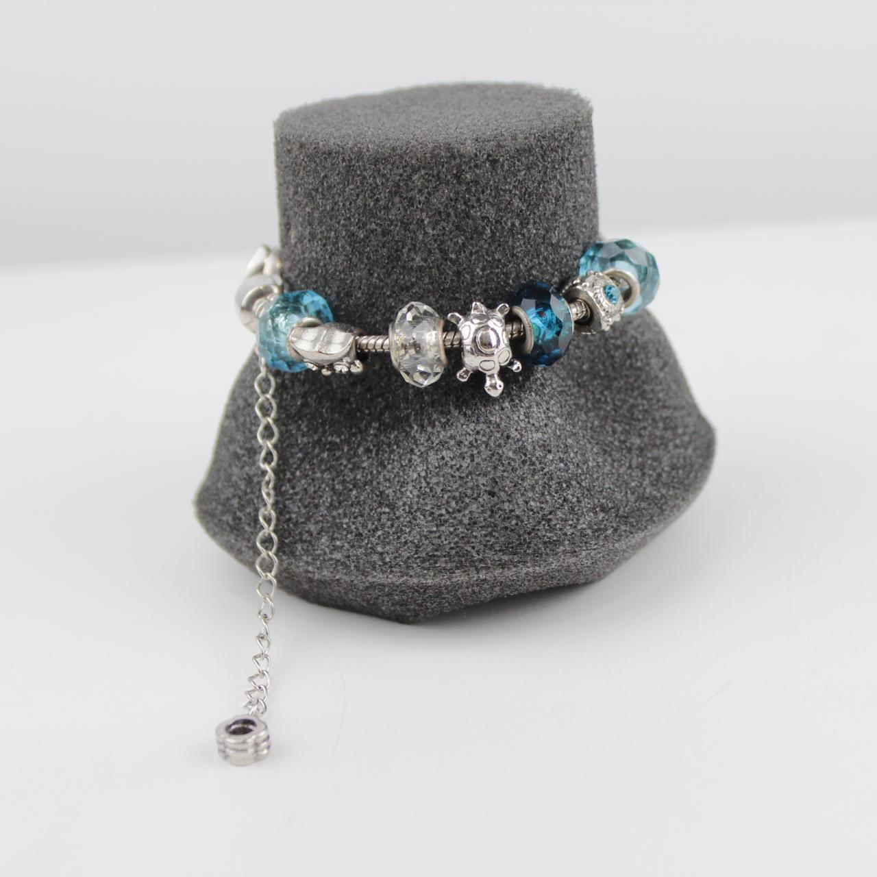 Silver Charm Bracelet Blue Crystal Beads Adjustable Dangle J