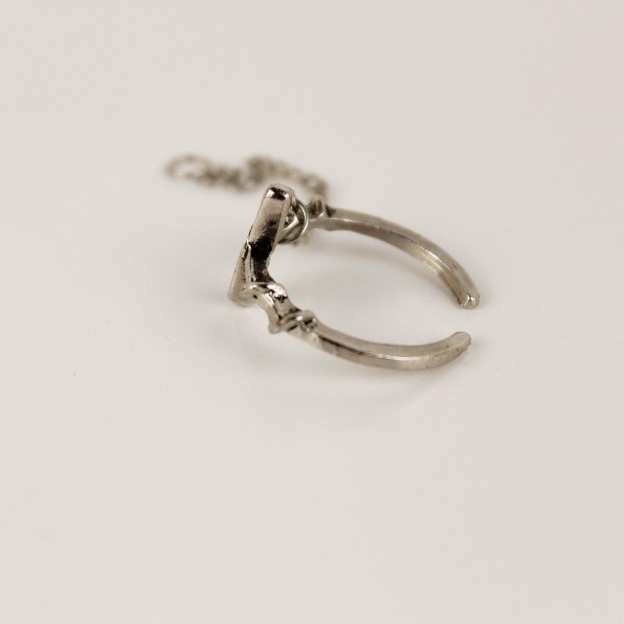 Cross Charm Ring Silver tone  Dangle Chain Gothic Punk Jewellery  Good pre-loved