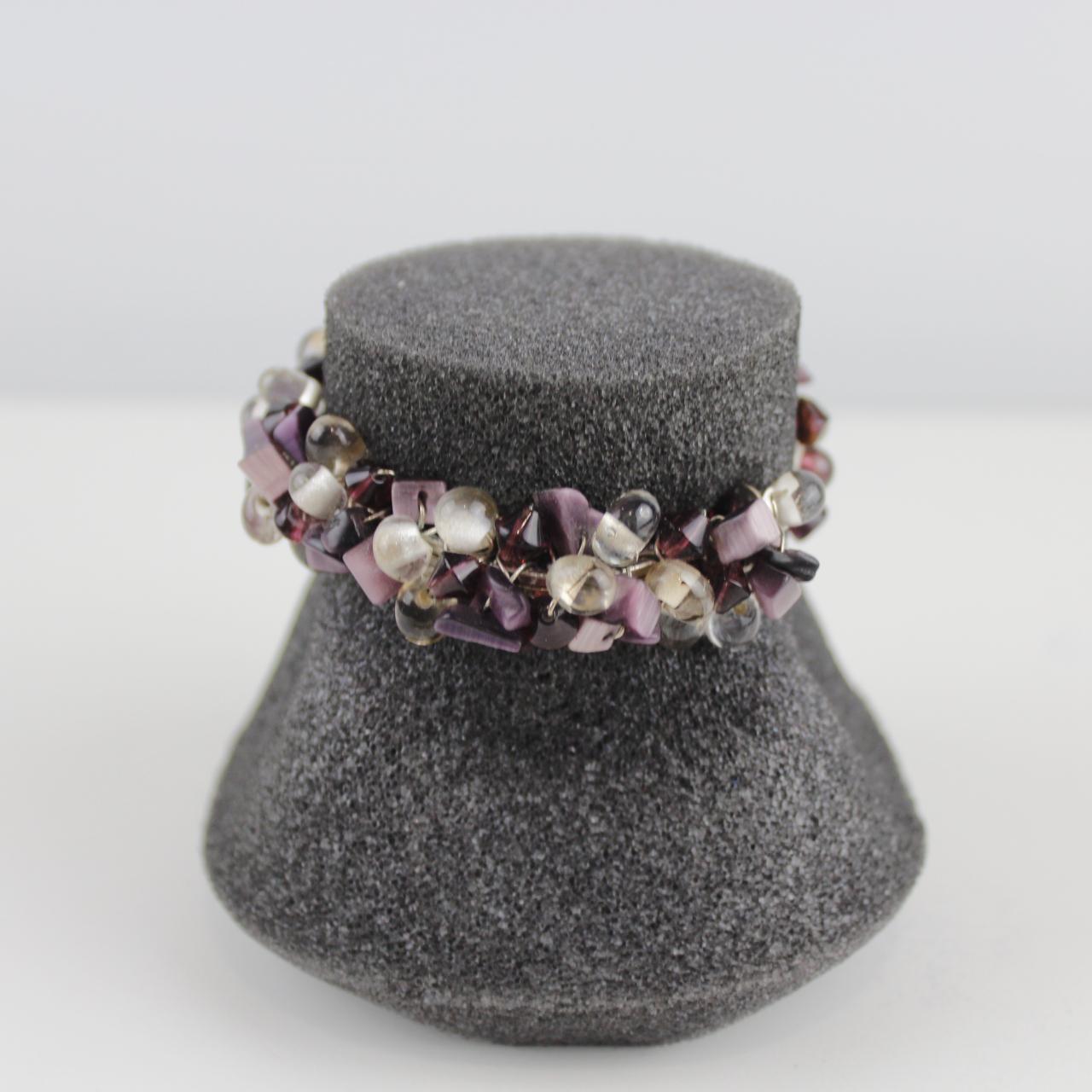 Purple and Clear Glass Bead Bracelet - Silver Wire Wrapped -