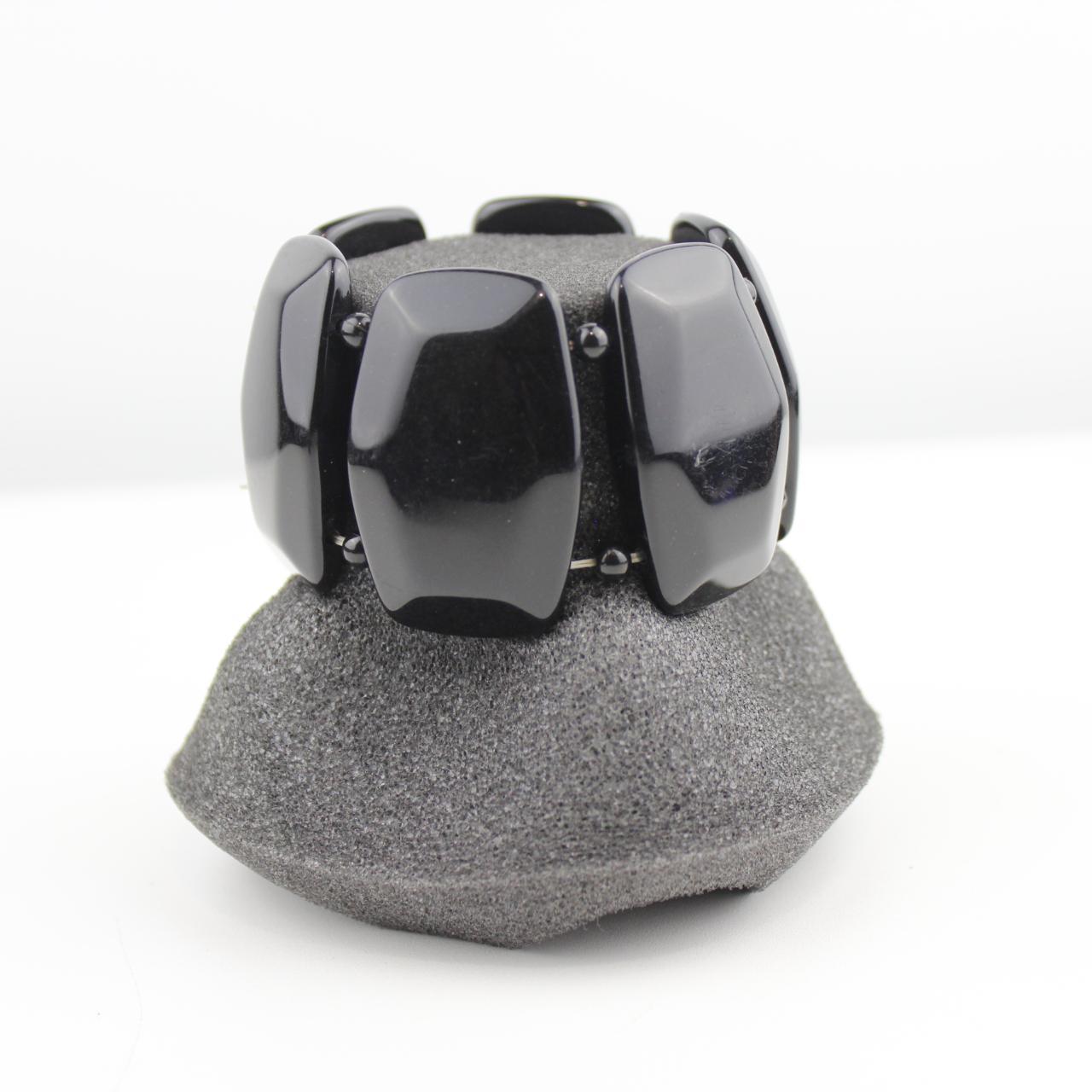 Black Rectangular Bead Stretch Bracelet Glossy Jewelry Fashi