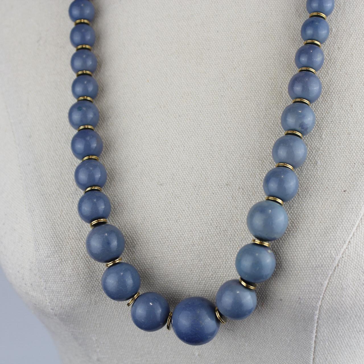 Long Blue Beaded Necklace Matte Blue Beads Gold Spacers Mini