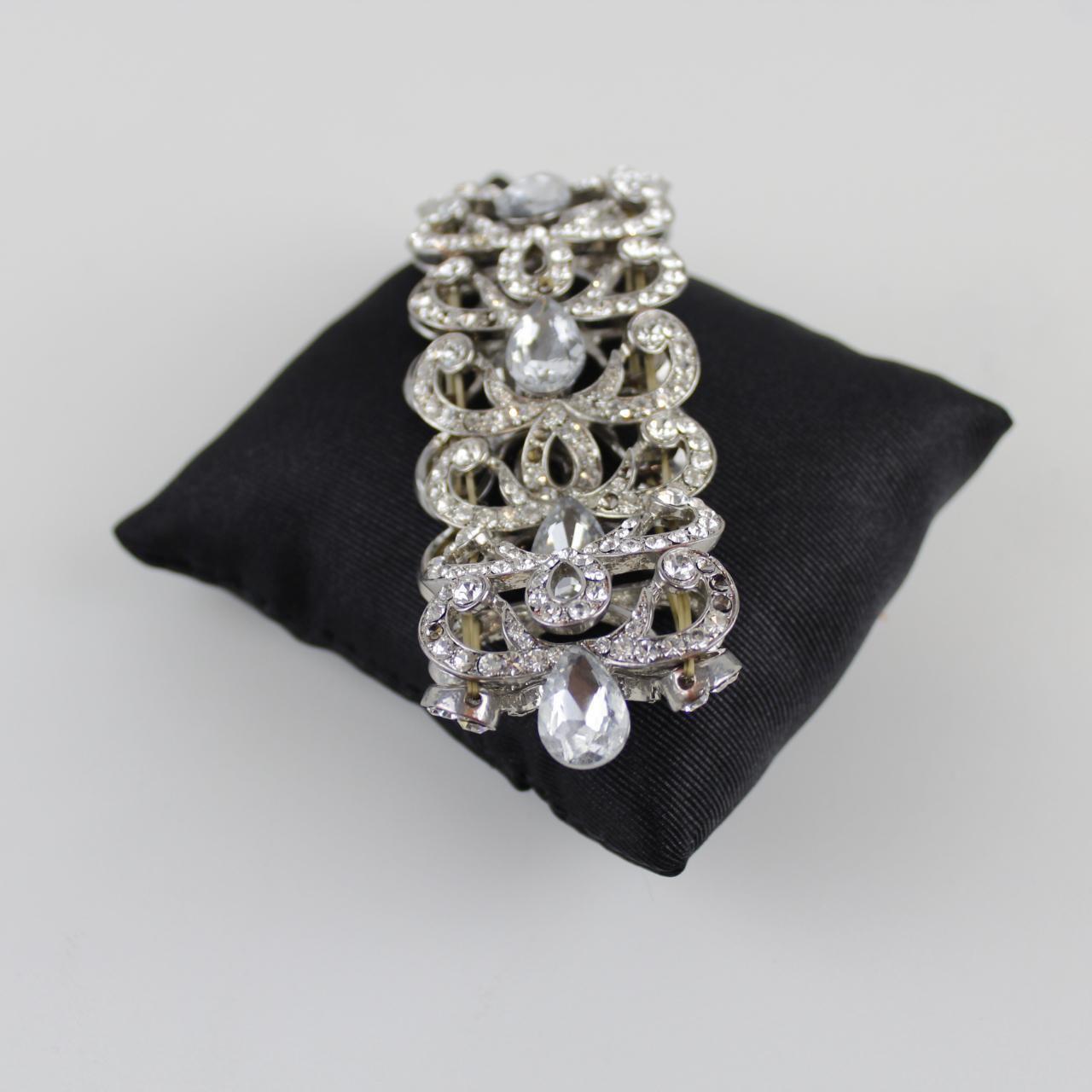 Rhinestone Filigree Style Bracelet - Silver-Tone - Vintage G